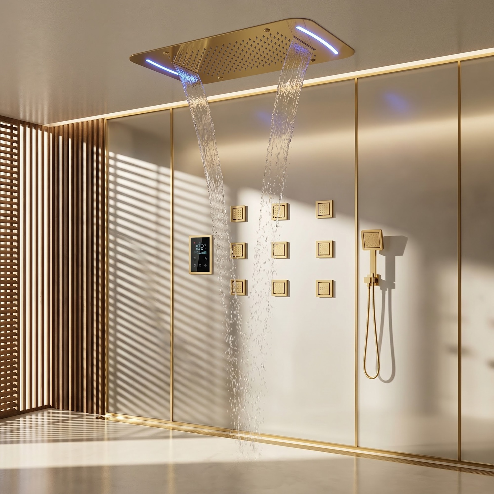 Designer shower systems with body jets and hand showers